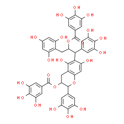 ChemSpider 2D Image | 5,7-dihydroxy-2-(3,4,5-trihydroxyphenyl)-6-(1-(3,4,5-trihydroxyphenyl)-3-(2,4,6-trihydroxyphenyl)-2-(3,4,5-trihydroxyphenylcarbonyloxy)propyl)chroman-3-yl 3,4,5-trihydroxybenzoate | C44H36O22