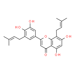 ChemSpider 2D Image | 2-[3,4-Dihydroxy-5-(3-methyl-2-buten-1-yl)phenyl]-5,7-dihydroxy-8-(3-methyl-2-buten-1-yl)-4H-chromen-4-one | C25H26O6