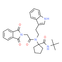 ChemSpider 2D Image | 1-(N-(2-(1H-indol-3-yl)ethyl)-2-(1,3-dioxoisoindolin-2-yl)acetamido)-N-tert-butylcyclopentanecarboxamide | C30H34N4O4
