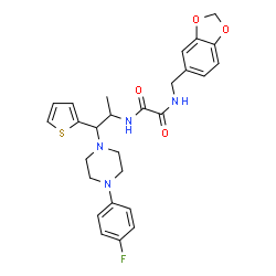 ChemSpider 2D Image | N-(1,3-Benzodioxol-5-ylmethyl)-N'-{1-[4-(4-fluorophenyl)-1-piperazinyl]-1-(2-thienyl)-2-propanyl}ethanediamide | C27H29FN4O4S