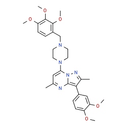 ChemSpider 2D Image | 3-(3,4-Dimethoxyphenyl)-2,5-dimethyl-7-[4-(2,3,4-trimethoxybenzyl)-1-piperazinyl]pyrazolo[1,5-a]pyrimidine | C30H37N5O5