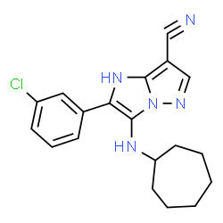 ChemSpider 2D Image | 2-(3-Chlorophenyl)-3-(cycloheptylamino)-1H-imidazo[1,2-b]pyrazole-7-carbonitrile | C19H20ClN5