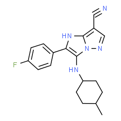 ChemSpider 2D Image | 2-(4-Fluorophenyl)-3-[(4-methylcyclohexyl)amino]-1H-imidazo[1,2-b]pyrazole-7-carbonitrile | C19H20FN5
