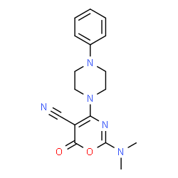 ChemSpider 2D Image | 2-(Dimethylamino)-6-oxo-4-(4-phenyl-1-piperazinyl)-6H-1,3-oxazine-5-carbonitrile | C17H19N5O2