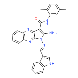 ChemSpider 2D Image | 2-Amino-N-(2,5-dimethylphenyl)-1-[(E)-(1H-indol-3-ylmethylene)amino]-1H-pyrrolo[2,3-b]quinoxaline-3-carboxamide | C28H23N7O