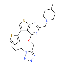 ChemSpider 2D Image | 2-[(4-Methyl-1-piperidinyl)methyl]-4-[(1-propyl-1H-tetrazol-5-yl)methoxy]-5-(2-thienyl)thieno[2,3-d]pyrimidine | C22H27N7OS2