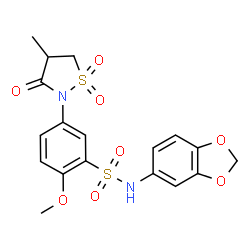 ChemSpider 2D Image | N-(1,3-Benzodioxol-5-yl)-2-methoxy-5-(4-methyl-1,1-dioxido-3-oxo-1,2-thiazolidin-2-yl)benzenesulfonamide | C18H18N2O8S2
