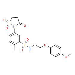 ChemSpider 2D Image | 5-(1,1-Dioxido-3-oxo-1,2-thiazolidin-2-yl)-N-[2-(4-methoxyphenoxy)ethyl]-2-methylbenzenesulfonamide | C19H22N2O7S2