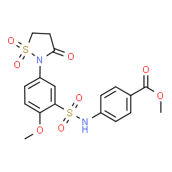 ChemSpider 2D Image | Methyl 4-({[5-(1,1-dioxido-3-oxo-1,2-thiazolidin-2-yl)-2-methoxyphenyl]sulfonyl}amino)benzoate | C18H18N2O8S2