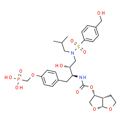 ChemSpider 2D Image | [(4-{(2S,3R)-2-({[(3R,3aS,6aR)-Hexahydrofuro[2,3-b]furan-3-yloxy]carbonyl}amino)-3-hydroxy-4-[{[4-(hydroxymethyl)phenyl]sulfonyl}(isobutyl)amino]butyl}phenoxy)methyl]phosphonic acid | C29H41N2O12PS