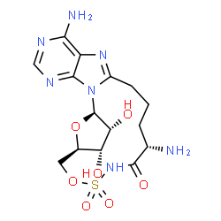 ChemSpider 2D Image | (1R,14S,20R,21S,22R)-7,14-Diamino-21,22-dihydroxy-18,23-dioxa-17-thia-2,4,6,9,16-pentaazatetracyclo[18.2.1.0~2,10~.0~3,8~]tricosa-3,5,7,9-tetraen-15-one 17,17-dioxide | C15H21N7O7S