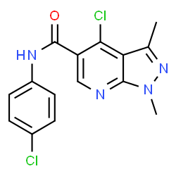ChemSpider 2D Image | 4-Chloro-N-(4-chlorophenyl)-1,3-dimethyl-1H-pyrazolo[3,4-b]pyridine-5-carboxamide | C15H12Cl2N4O