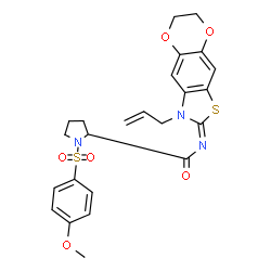 ChemSpider 2D Image | (E)-N-(3-Allyl-6,7-dihydro[1,4]dioxino[2,3-f][1,3]benzothiazol-2(3H)-ylidene)-1-[(4-methoxyphenyl)sulfonyl]prolinamide | C24H25N3O6S2