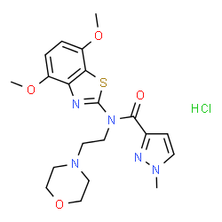 ChemSpider 2D Image | N-(4,7-Dimethoxy-1,3-benzothiazol-2-yl)-1-methyl-N-[2-(4-morpholinyl)ethyl]-1H-pyrazole-3-carboxamide hydrochloride (1:1) | C20H26ClN5O4S