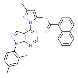 ChemSpider 2D Image | N-{1-[1-(2,4-Dimethylphenyl)-1H-pyrazolo[3,4-d]pyrimidin-4-yl]-3-methyl-1H-pyrazol-5-yl}-1-naphthamide | C28H23N7O