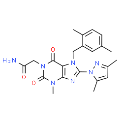 ChemSpider 2D Image | 2-[7-(2,5-Dimethylbenzyl)-8-(3,5-dimethyl-1H-pyrazol-1-yl)-3-methyl-2,6-dioxo-2,3,6,7-tetrahydro-1H-purin-1-yl]acetamide | C22H25N7O3