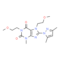 ChemSpider 2D Image | 8-(3,5-Dimethyl-1H-pyrazol-1-yl)-1,7-bis(2-methoxyethyl)-3-methyl-3,7-dihydro-1H-purine-2,6-dione | C17H24N6O4