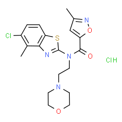 ChemSpider 2D Image | N-(5-Chloro-4-methyl-1,3-benzothiazol-2-yl)-3-methyl-N-[2-(4-morpholinyl)ethyl]-1,2-oxazole-5-carboxamide hydrochloride (1:1) | C19H22Cl2N4O3S