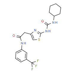 ChemSpider 2D Image | 2-{2-[(Cyclohexylcarbamoyl)amino]-1,3-thiazol-4-yl}-N-[3-(trifluoromethyl)phenyl]acetamide | C19H21F3N4O2S