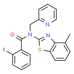 ChemSpider 2D Image | 2-Iodo-N-(4-methyl-1,3-benzothiazol-2-yl)-N-(2-pyridinylmethyl)benzamide | C21H16IN3OS