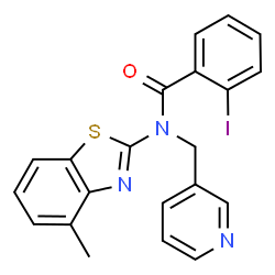 ChemSpider 2D Image | 2-Iodo-N-(4-methyl-1,3-benzothiazol-2-yl)-N-(3-pyridinylmethyl)benzamide | C21H16IN3OS
