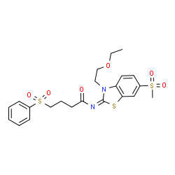 ChemSpider 2D Image | N-[(2E)-3-(2-Ethoxyethyl)-6-(methylsulfonyl)-1,3-benzothiazol-2(3H)-ylidene]-4-(phenylsulfonyl)butanamide | C22H26N2O6S3