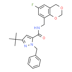 ChemSpider 2D Image | 1-benzyl-3-(tert-butyl)-N-[(6-fluoro-4H-1,3-benzodioxin-8-yl)methyl]-1H-pyrazole-5-carboxamide | C24H26FN3O3