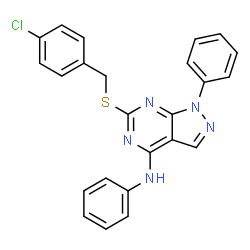 ChemSpider 2D Image | 6-[(4-Chlorobenzyl)sulfanyl]-N,1-diphenyl-1H-pyrazolo[3,4-d]pyrimidin-4-amine | C24H18ClN5S