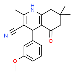 ChemSpider 2D Image | 1,4,5,6,7,8-Hexahydro-4-(m-methoxyphenyl)-5-oxo-2,7,7-trimethyl-3-quinolinecarbonitrile | C20H22N2O2