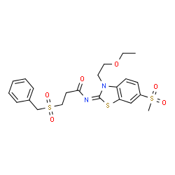 ChemSpider 2D Image | 3-(Benzylsulfonyl)-N-[(2E)-3-(2-ethoxyethyl)-6-(methylsulfonyl)-1,3-benzothiazol-2(3H)-ylidene]propanamide | C22H26N2O6S3