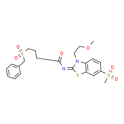 ChemSpider 2D Image | 4-(Benzylsulfonyl)-N-[(2E)-3-(2-methoxyethyl)-6-(methylsulfonyl)-1,3-benzothiazol-2(3H)-ylidene]butanamide | C22H26N2O6S3