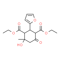 ChemSpider 2D Image | Diethyl 2-(2-furyl)-4-hydroxy-4-methyl-6-oxo-1,3-cyclohexanedicarboxylate | C17H22O7