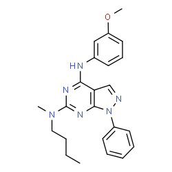 ChemSpider 2D Image | N~6~-Butyl-N~4~-(3-methoxyphenyl)-N~6~-methyl-1-phenyl-1H-pyrazolo[3,4-d]pyrimidine-4,6-diamine | C23H26N6O