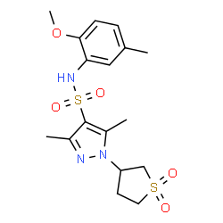 ChemSpider 2D Image | 1-(1,1-Dioxidotetrahydro-3-thiophenyl)-N-(2-methoxy-5-methylphenyl)-3,5-dimethyl-1H-pyrazole-4-sulfonamide | C17H23N3O5S2