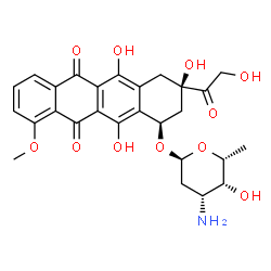 ChemSpider 2D Image | (1R,3R)-3-Glycoloyl-3,5,12-trihydroxy-10-methoxy-6,11-dioxo-1,2,3,4,6,11-hexahydro-1-tetracenyl 3-amino-2,3,6-trideoxy-alpha-D-lyxo-hexopyranoside | C27H29NO11