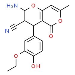 ChemSpider 2D Image | 2-Amino-4-(3-ethoxy-4-hydroxyphenyl)-7-methyl-5-oxo-4H,5H-pyrano[4,3-b]pyran-3-carbonitrile | C18H16N2O5