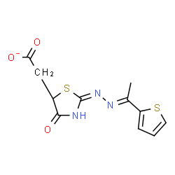 ChemSpider 2D Image | [(2E)-4-Oxo-2-{(2E)-[1-(2-thienyl)ethylidene]hydrazono}-1,3-thiazolidin-5-yl]acetate | C11H10N3O3S2