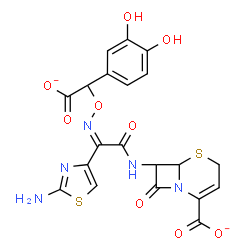 ChemSpider 2D Image | 7-{[(2Z)-2-(2-Amino-1,3-thiazol-4-yl)-2-{[carboxylato(3,4-dihydroxyphenyl)methoxy]imino}acetyl]amino}-8-oxo-5-thia-1-azabicyclo[4.2.0]oct-2-ene-2-carboxylate | C20H15N5O9S2