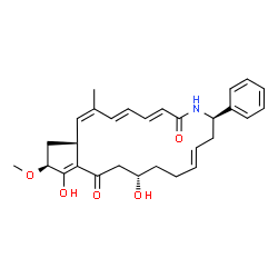 ChemSpider 2D Image | (1Z,3E,5E,9R,11E,15S,19S,20aR)-15,18-Dihydroxy-19-methoxy-2-methyl-9-phenyl-9,10,13,14,15,16,20,20a-octahydrocyclopenta[i]azacyclononadecine-7,17(8H,19H)-dione | C29H35NO5