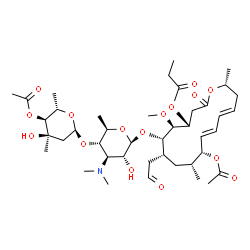 ChemSpider 2D Image | (4R,5S,6S,7R,9R,10R,11E,13E,16R)-10-Acetoxy-6-{[(2S,3R,4R,5S,6R)-5-{[(2S,4R,5S,6S)-5-acetoxy-4-hydroxy-4,6-dimethyltetrahydro-2H-pyran-2-yl]oxy}-4-(dimethylamino)-3-hydroxy-6-methyltetrahydro-2H-pyran
-2-yl]oxy}-5-methoxy-9,16-dimethyl-2-oxo-7-(2-oxoethyl)oxacyclohexadeca-11,13-dien-4-yl propanoate | C42H67NO16