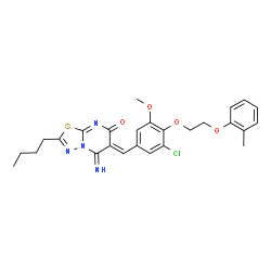 ChemSpider 2D Image | (6Z)-2-Butyl-6-{3-chloro-5-methoxy-4-[2-(2-methylphenoxy)ethoxy]benzylidene}-5-imino-5,6-dihydro-7H-[1,3,4]thiadiazolo[3,2-a]pyrimidin-7-one | C26H27ClN4O4S