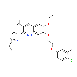 ChemSpider 2D Image | (6E)-6-{4-[2-(4-Chloro-3-methylphenoxy)ethoxy]-3-ethoxybenzylidene}-5-imino-2-isopropyl-5,6-dihydro-7H-[1,3,4]thiadiazolo[3,2-a]pyrimidin-7-one | C26H27ClN4O4S