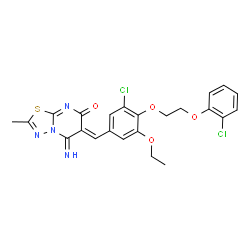 ChemSpider 2D Image | (6Z)-6-{3-Chloro-4-[2-(2-chlorophenoxy)ethoxy]-5-ethoxybenzylidene}-5-imino-2-methyl-5,6-dihydro-7H-[1,3,4]thiadiazolo[3,2-a]pyrimidin-7-one | C23H20Cl2N4O4S