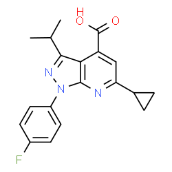 ChemSpider 2D Image | 6-cyclopropyl-1-(4-fluorophenyl)-3-isopropylpyrazolo[3,4-b]pyridine-4-carboxylic acid | C19H18FN3O2