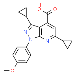 ChemSpider 2D Image | 3,6-Dicyclopropyl-1-(4-methoxyphenyl)pyrazolo[3,4-b]pyridine-4-carboxylic acid | C20H19N3O3