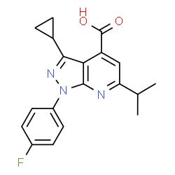 ChemSpider 2D Image | 3-cyclopropyl-1-(4-fluorophenyl)-6-isopropylpyrazolo[3,4-b]pyridine-4-carboxylic acid | C19H18FN3O2