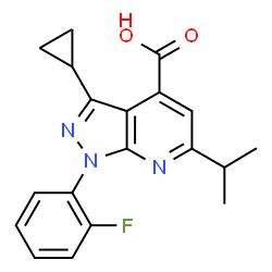 ChemSpider 2D Image | 3-cyclopropyl-1-(2-fluorophenyl)-6-isopropylpyrazolo[3,4-b]pyridine-4-carboxylic acid | C19H18FN3O2