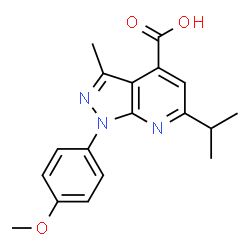ChemSpider 2D Image | 6-isopropyl-1-(4-methoxyphenyl)-3-methylpyrazolo[3,4-b]pyridine-4-carboxylic acid | C18H19N3O3