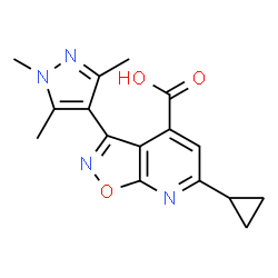 ChemSpider 2D Image | 6-cyclopropyl-3-(1,3,5-trimethylpyrazol-4-yl)-[1,2]oxazolo[5,4-b]pyridine-4-carboxylic acid | C16H16N4O3