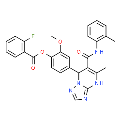 ChemSpider 2D Image | 2-Methoxy-4-{5-methyl-6-[(2-methylphenyl)carbamoyl]-1,7-dihydro[1,2,4]triazolo[1,5-a]pyrimidin-7-yl}phenyl 2-fluorobenzoate | C28H24FN5O4